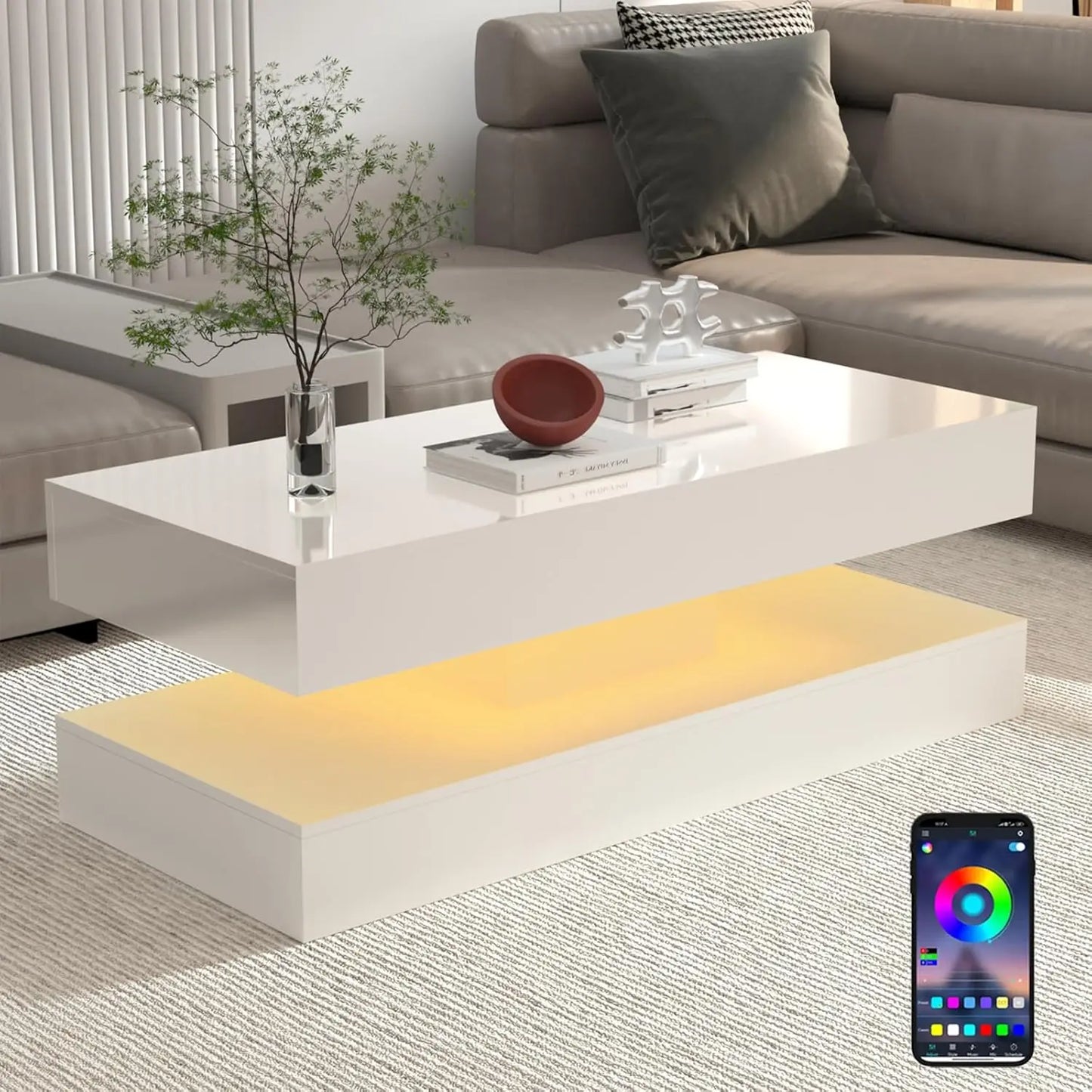 QiaoShiRen Coffee Table With LED Lights, Dual Storage Drawers