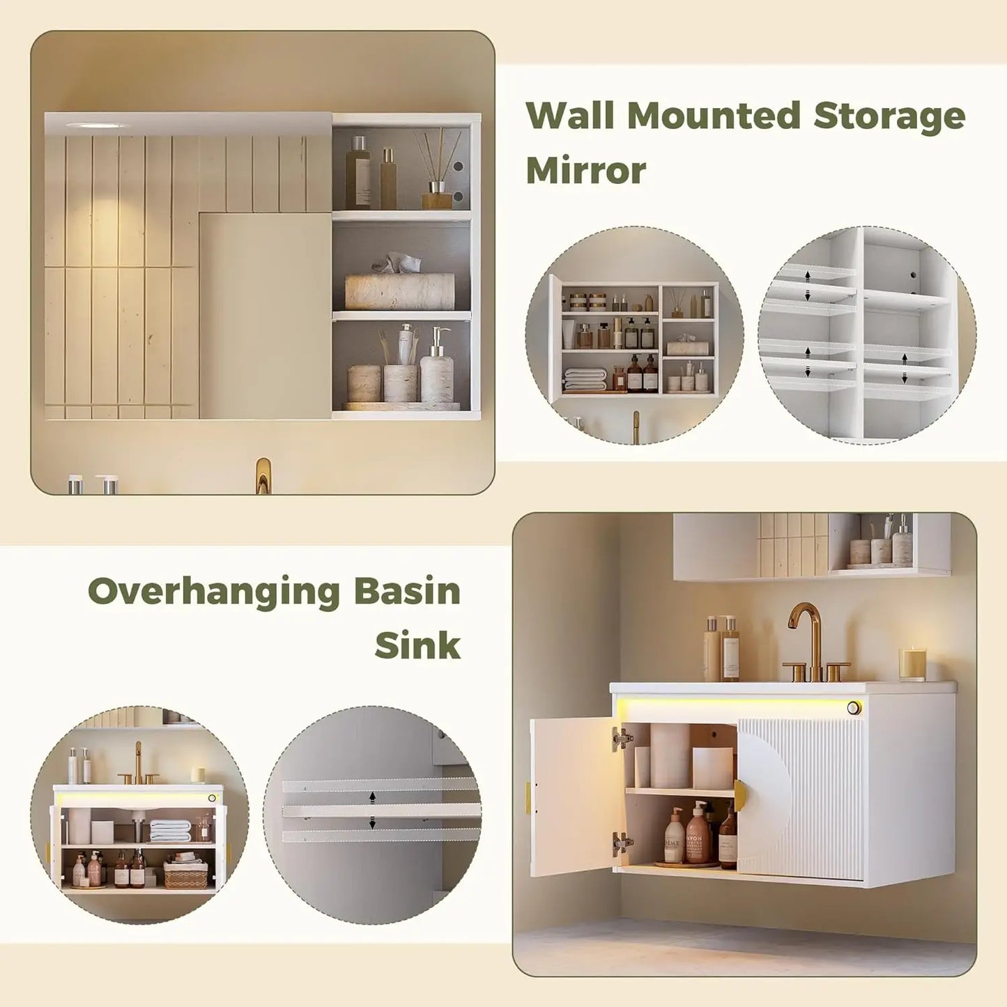 IRONCK Floating Vanity With Sink LED Mirror Cabinet