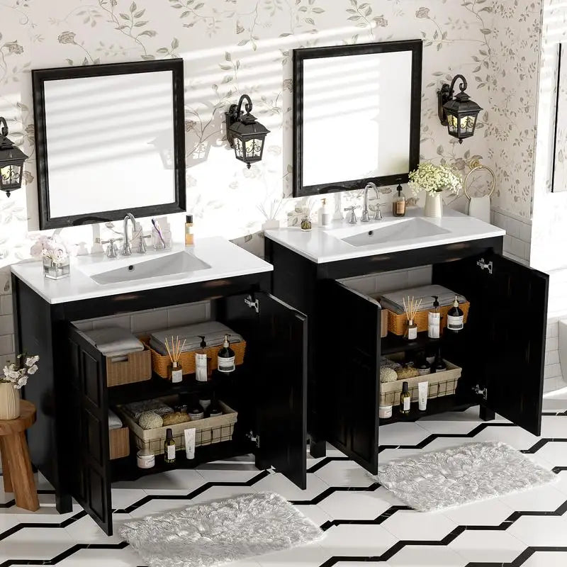 Bathroom Vanity Set With Double Ceramic Sinks And Soft-Close Doors