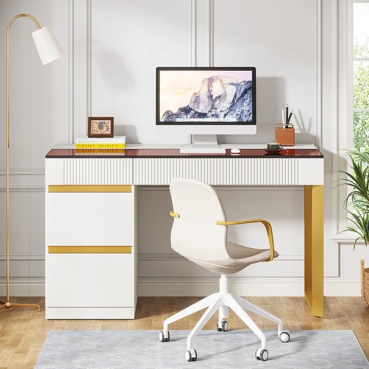 Tribesigns Computer Desk With Glass Top And 4 Drawers