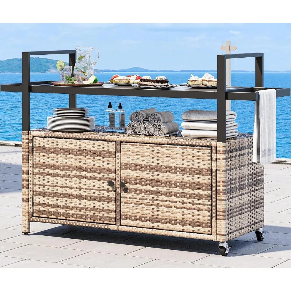 Outdoor Kitchen Wicker Island Rolling Cart With Glass Top