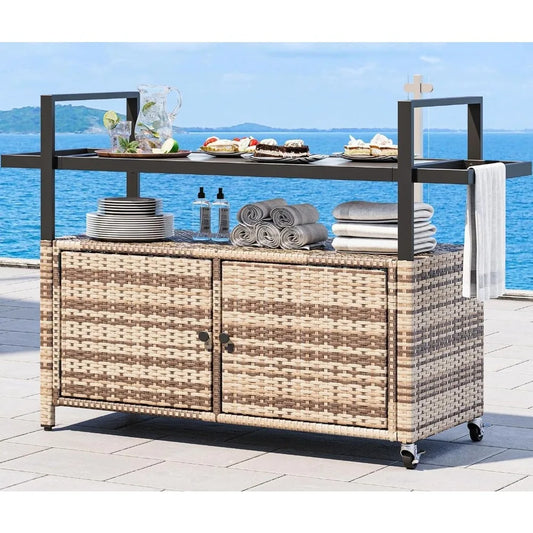 Outdoor Kitchen Wicker Island Rolling Cart With Glass Top