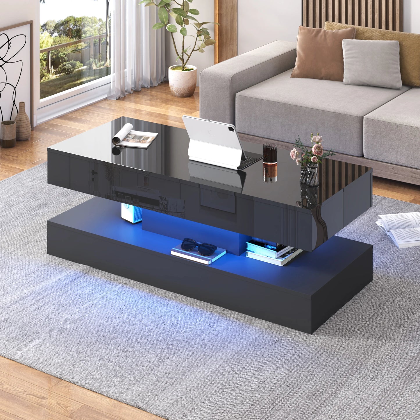 QiaoShiRen Coffee Table With LED Lighting And Open Shelf
