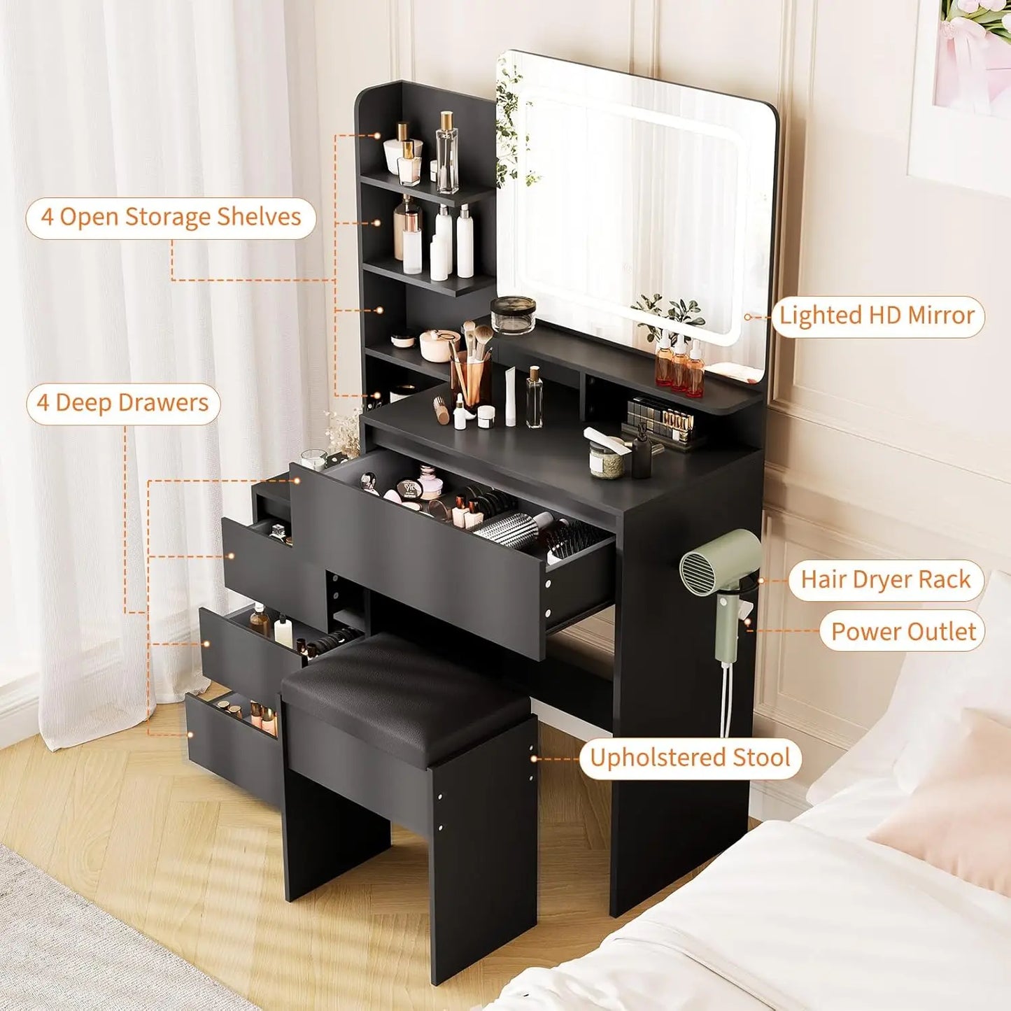 Vanity Desk Lighted Mirror With USB Ports For Bedroom