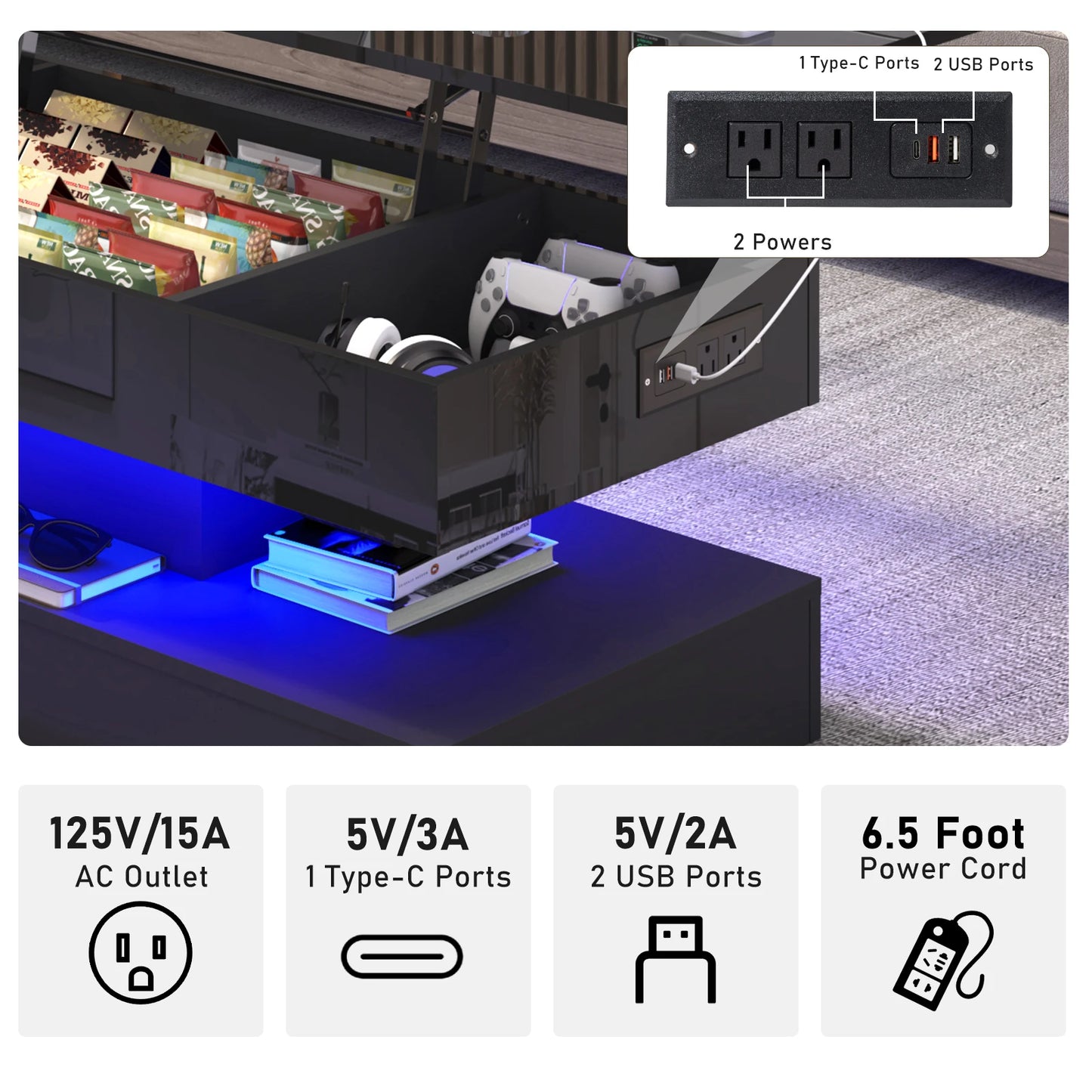 QiaoShiRen Coffee Table With LED Lighting And Open Shelf