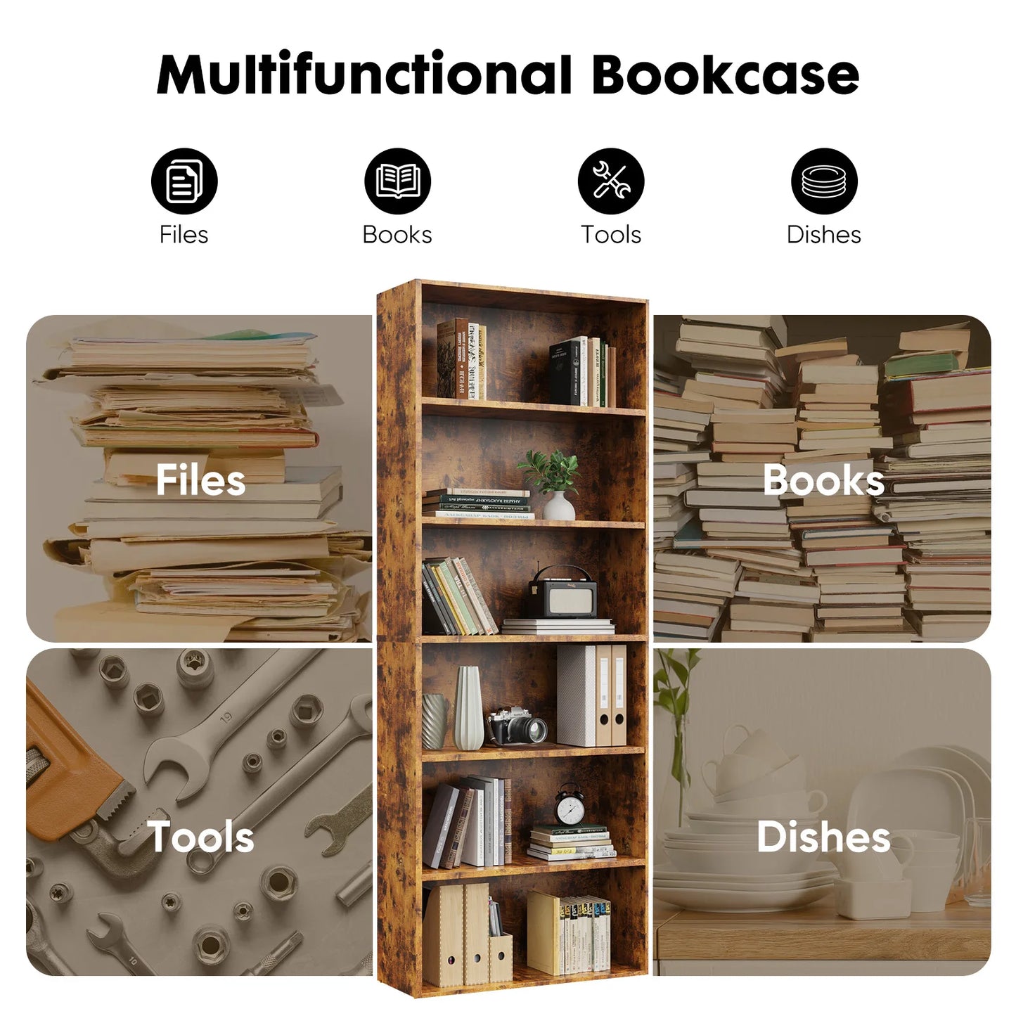 JHK 6-Tier Wooden Bookshelf Floor-Standing Open Bookcase