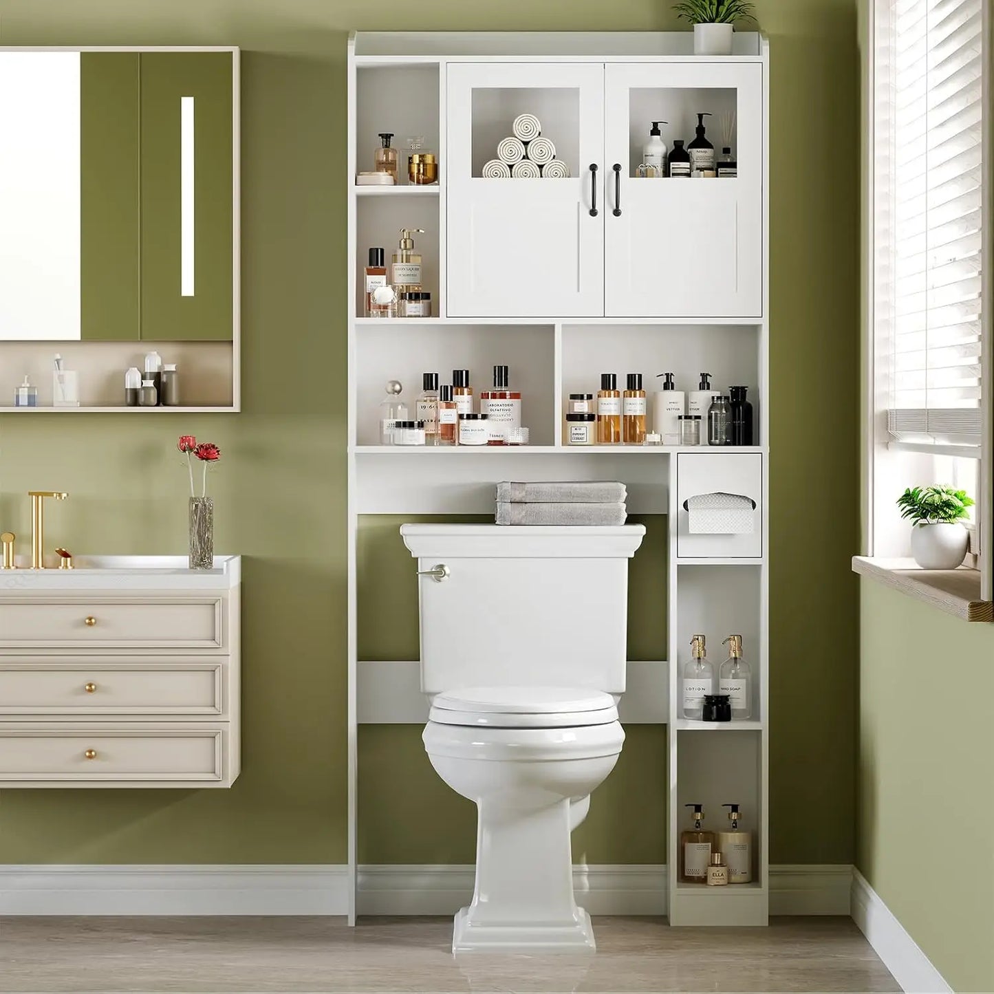 HiMISS Over Toilet Storage Cabinet Glass Door Modern Organizer