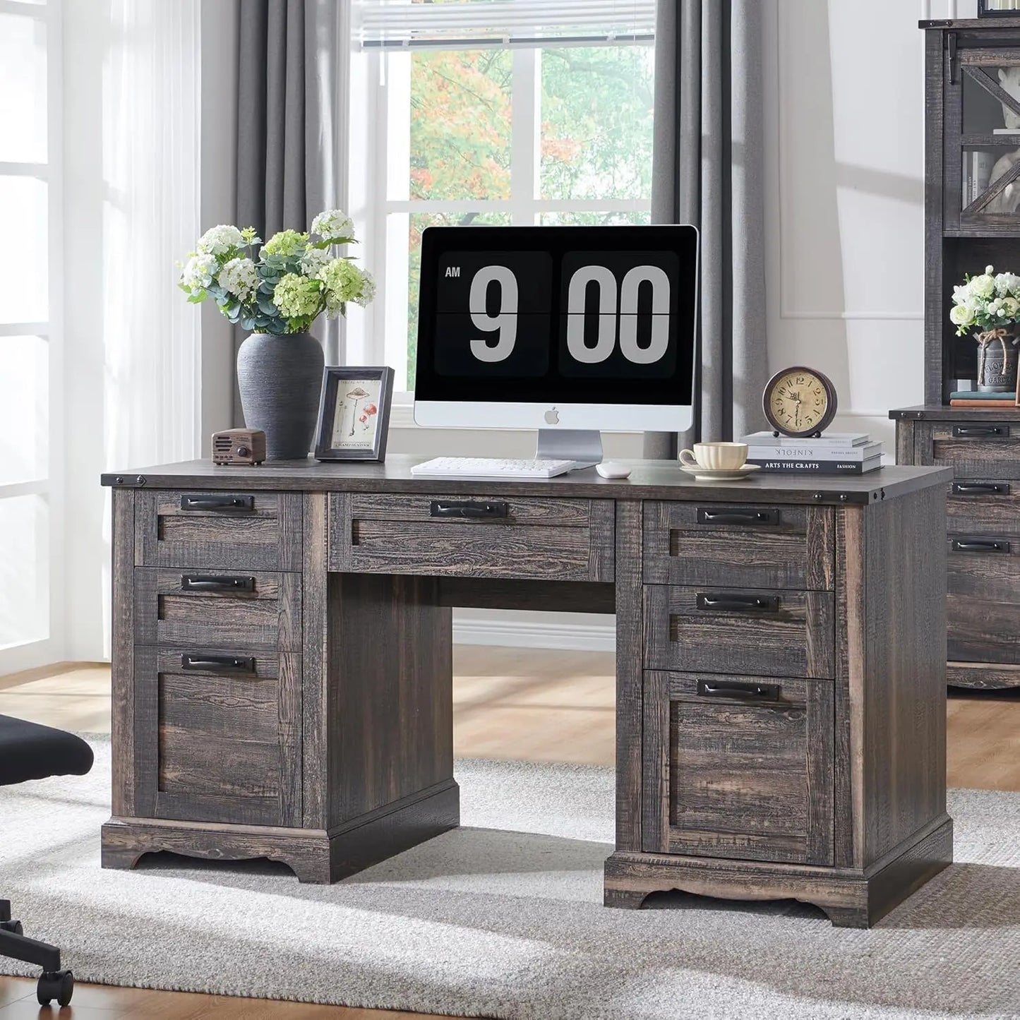 General Use Farmhouse Executive Desk With USB Charging Station