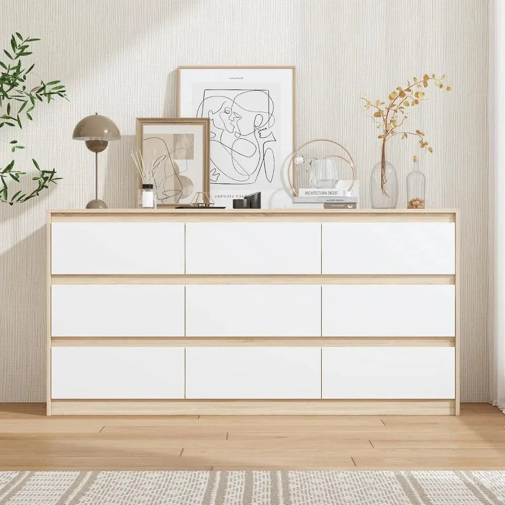 Chengwei No-Handle 9-Drawer Dresser With Oak Veneer