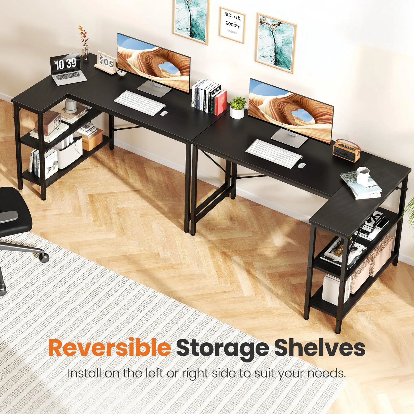 JHK L-Shaped Desk With Reversible Storage Shelves For Home Office