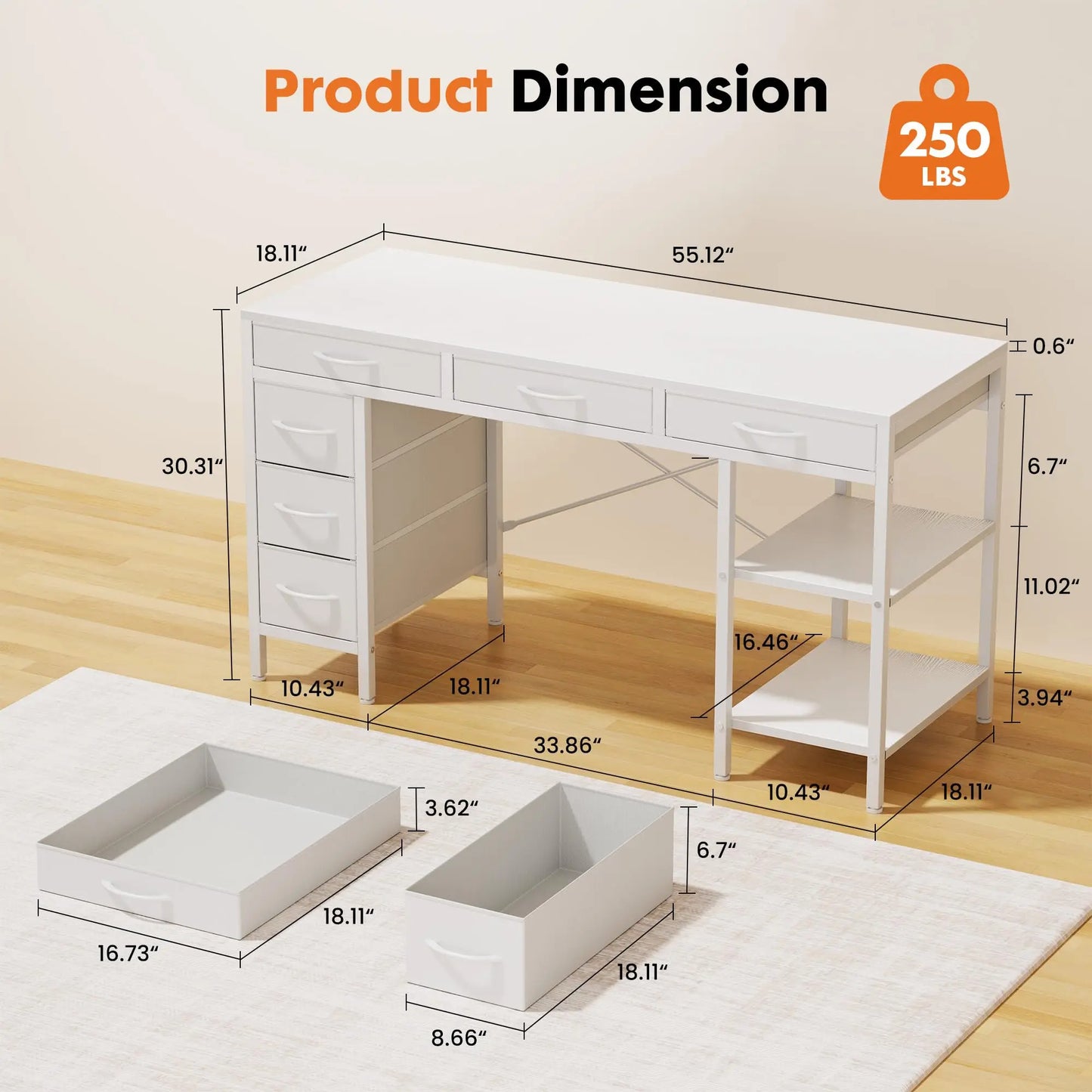 JHK Computer Desk With 6 Drawers And Storage Shelves