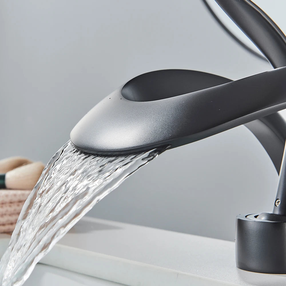 Rozin Basin Waterfall Brass Faucet, Deck Mount Hot Cold