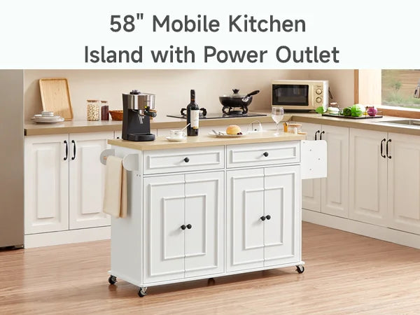Mobile Kitchen Island With Power Outlet On Wheels Storage Cart