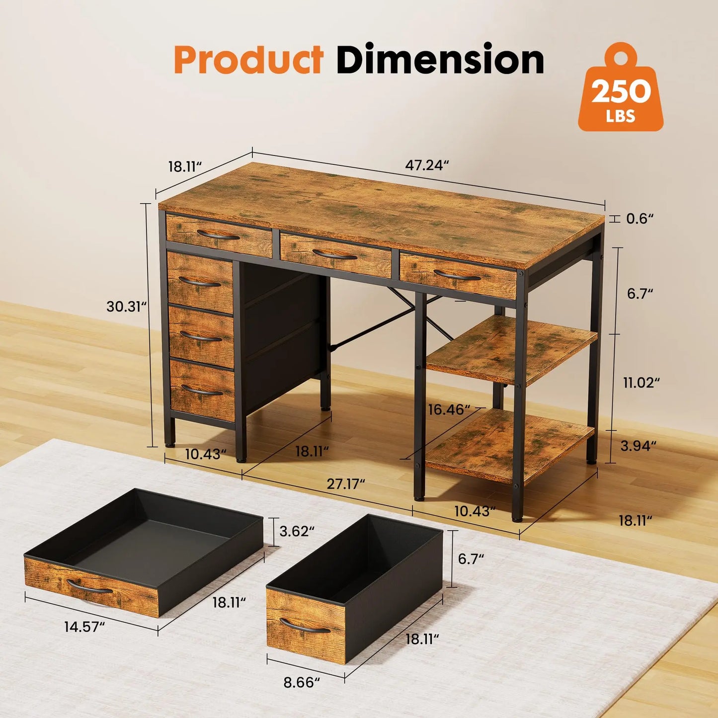 JHK Computer Desk With 6 Drawers And Storage Shelves