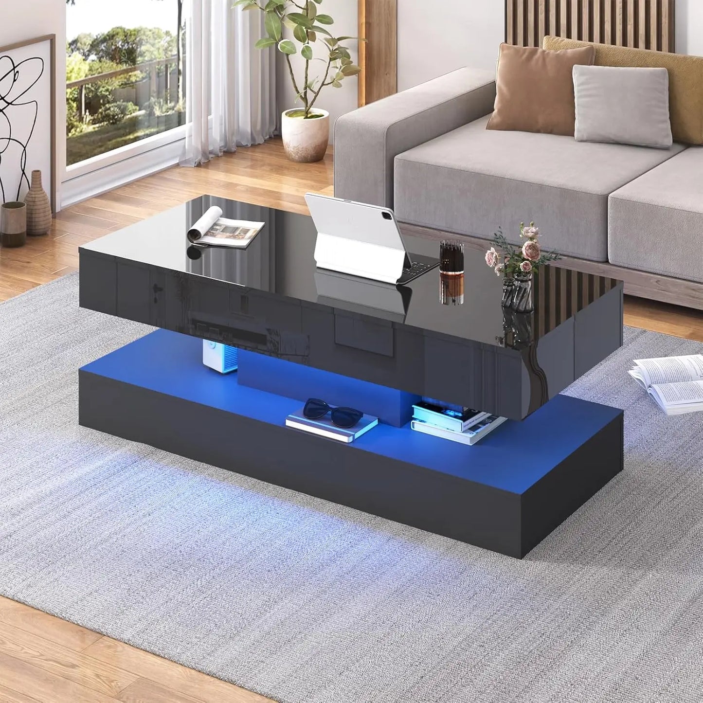 QiaoShiRen Coffee Table With LED Lights, Dual Storage Drawers