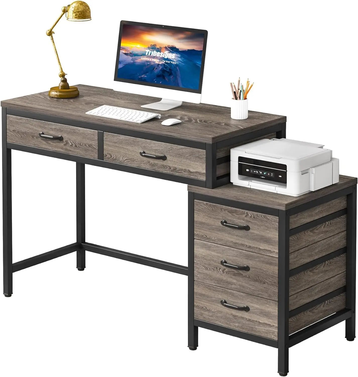 Computer Desk With 5 Drawers And Reversible Cabinet