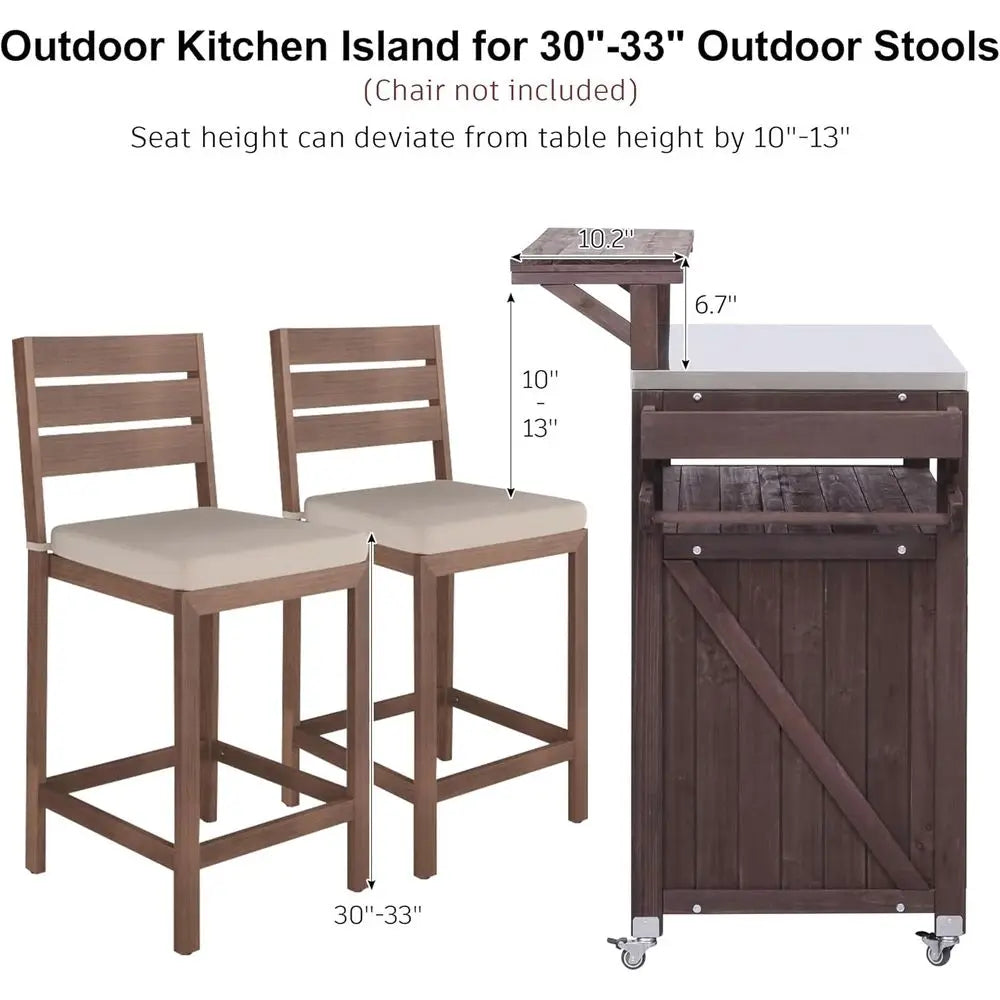 Outdoor Kitchen Island With Raised Shelf And Stainless Steel Top