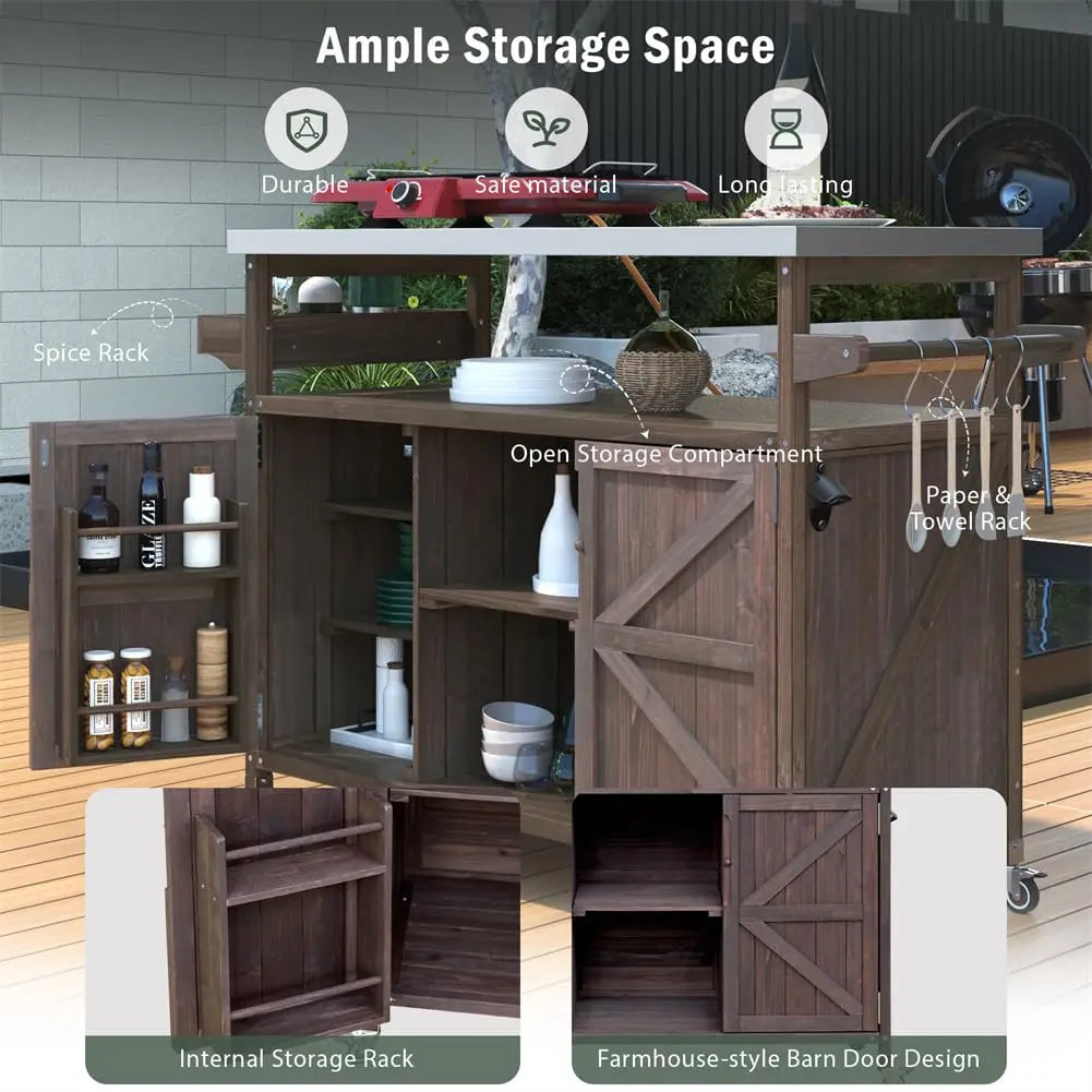 Outdoor Grill Table Stainless Steel Top Wood Kitchen Island Cabinet