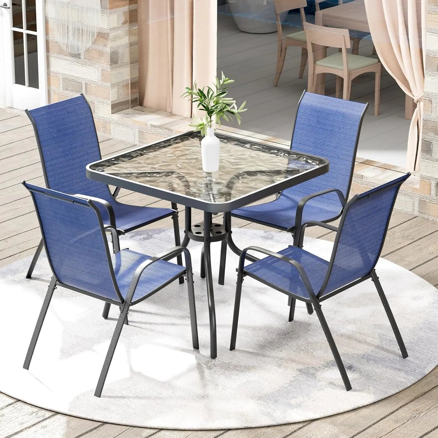 Outdoor Patio Dining Set Glass Table With 4 Textline Chairs