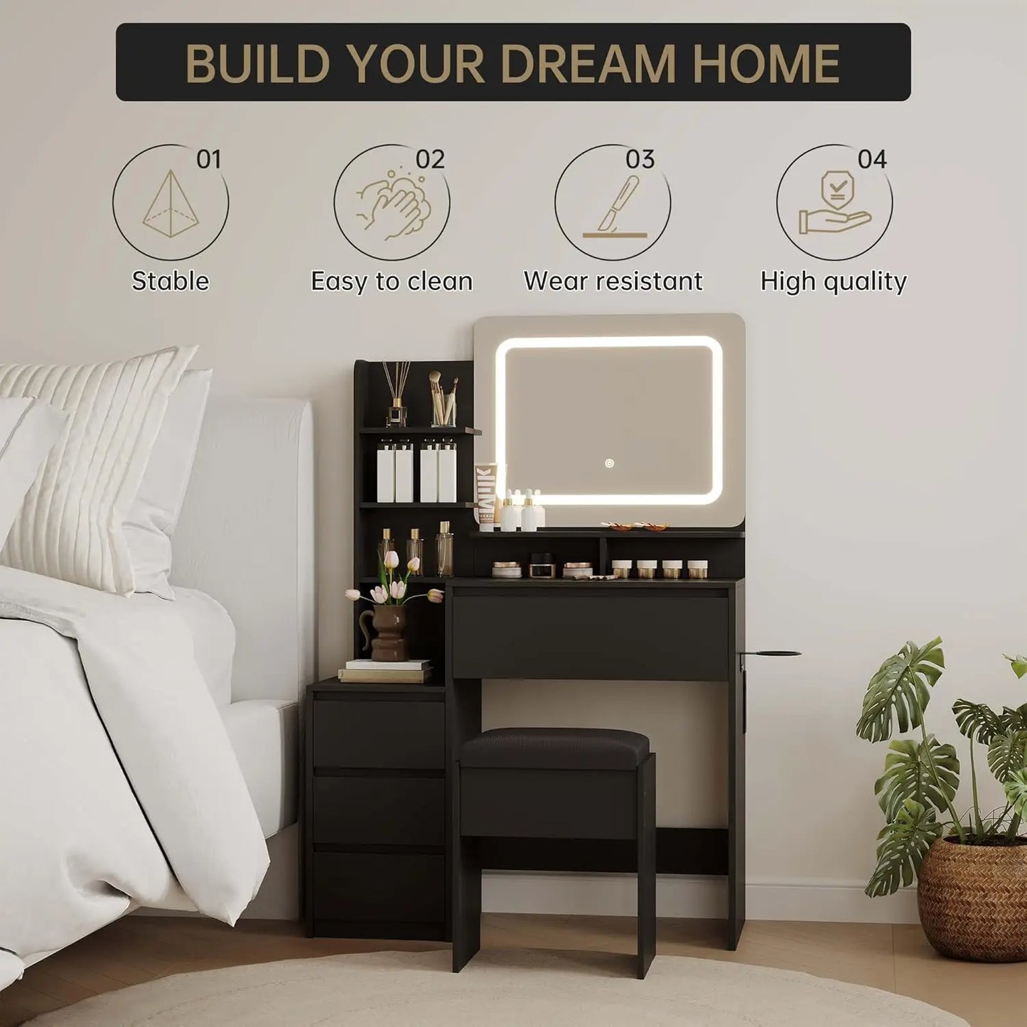 Vanity Desk Lighted Mirror With USB Ports For Bedroom