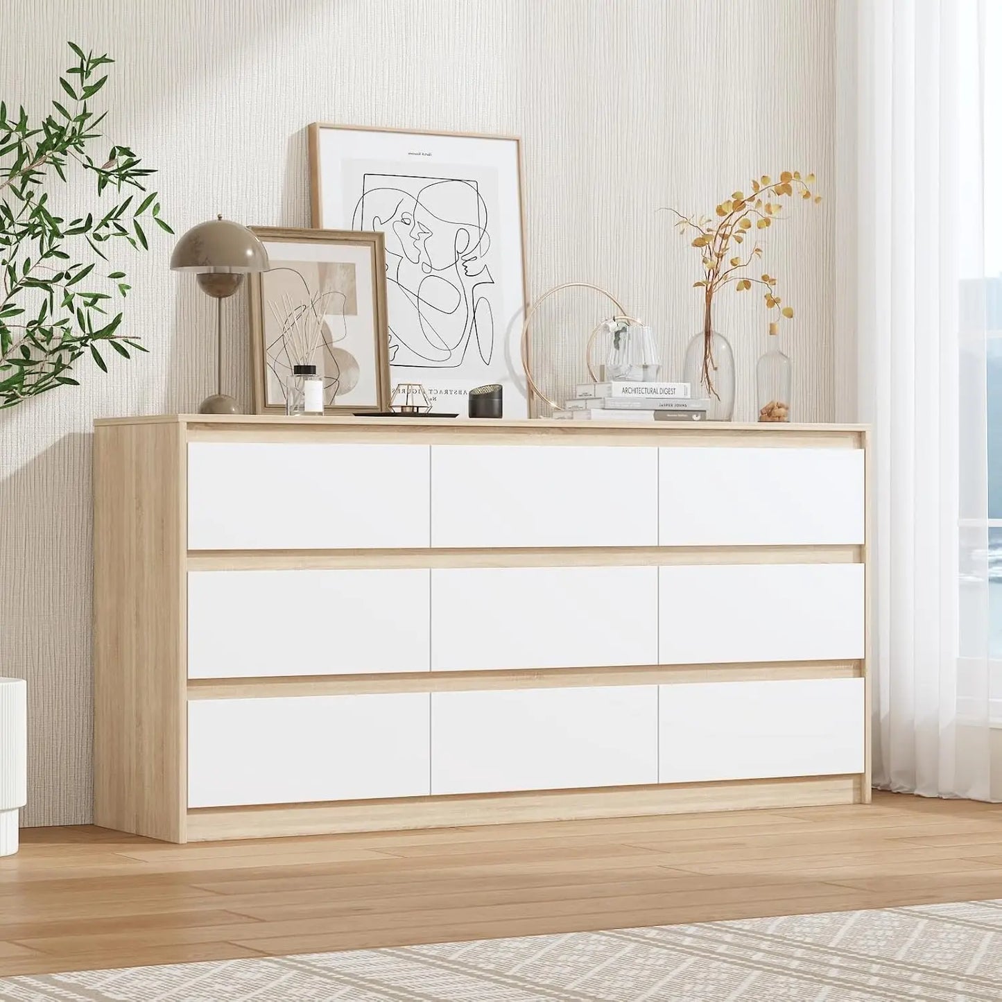 Chengwei No-Handle 9-Drawer Dresser With Oak Veneer