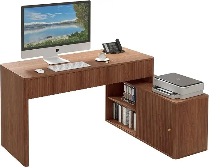 Desk Walnut L-Shaped Computer Desk With Drawers, Home Office