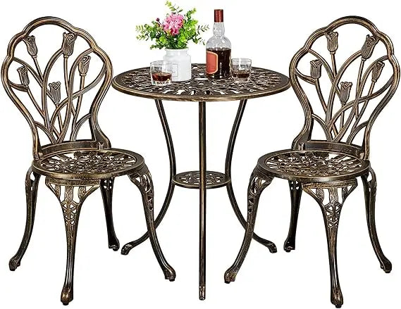 Patio Bistro Set Cast Aluminum Table And Chairs, 3-Piece