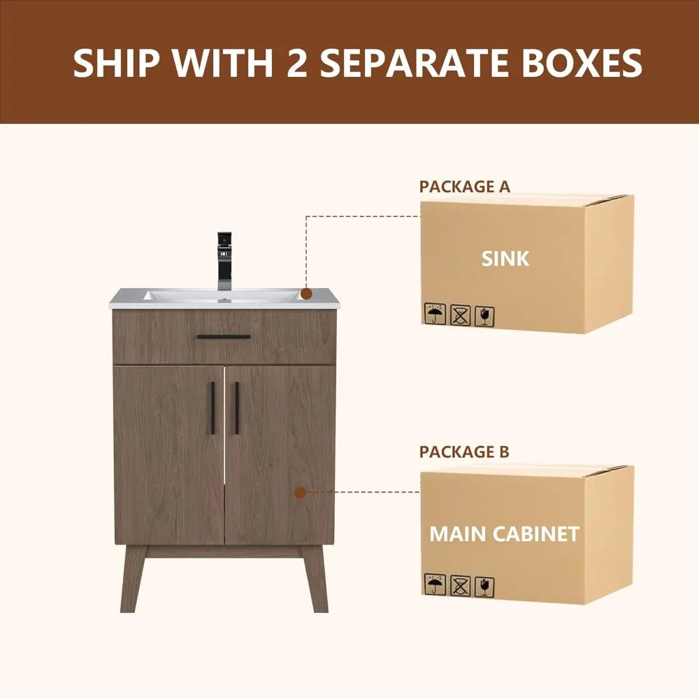 Bathroom Vanity With Sink, Modern Wood Cabinet, Two Soft-Close Doors