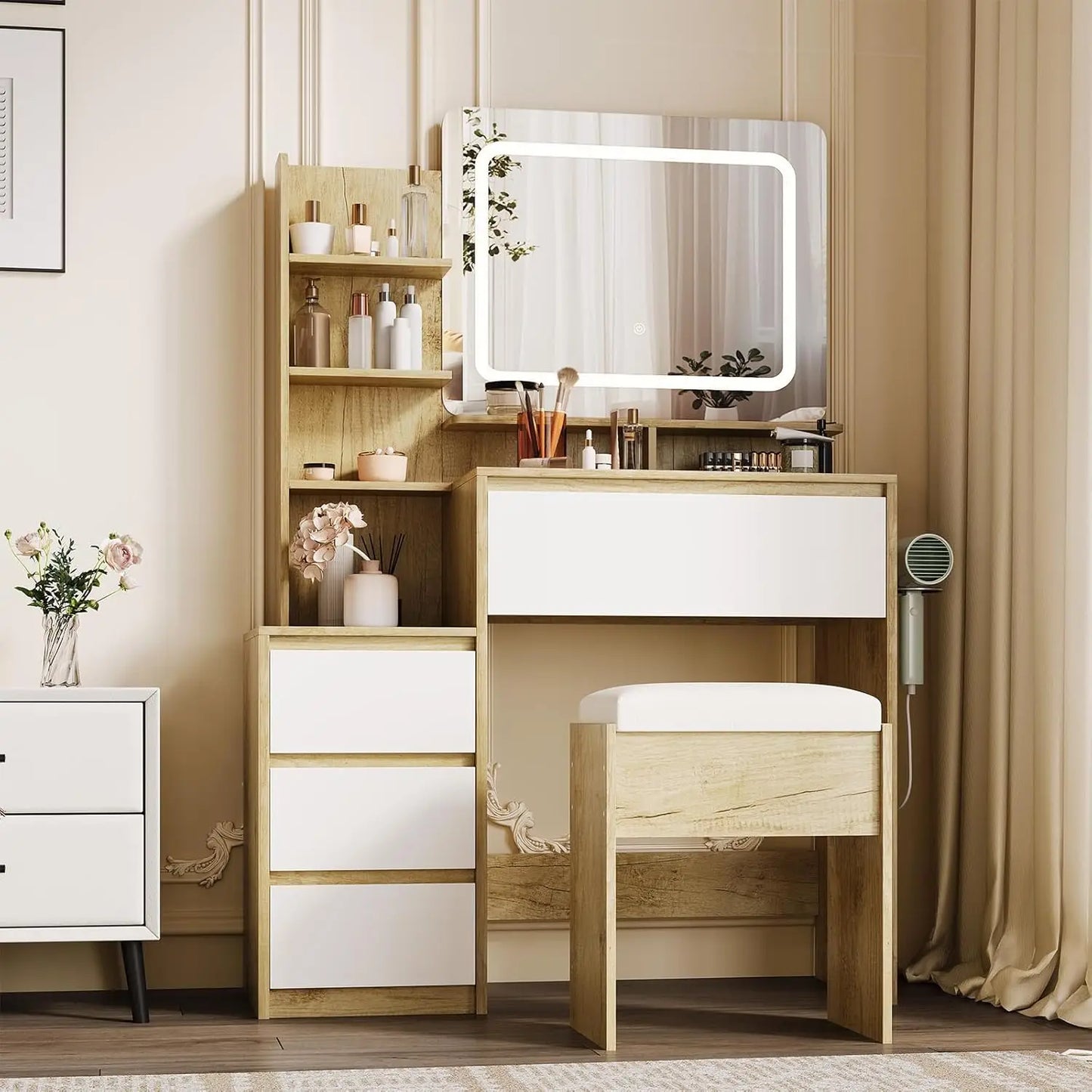 Vanity Desk Lighted Mirror With USB Ports For Bedroom