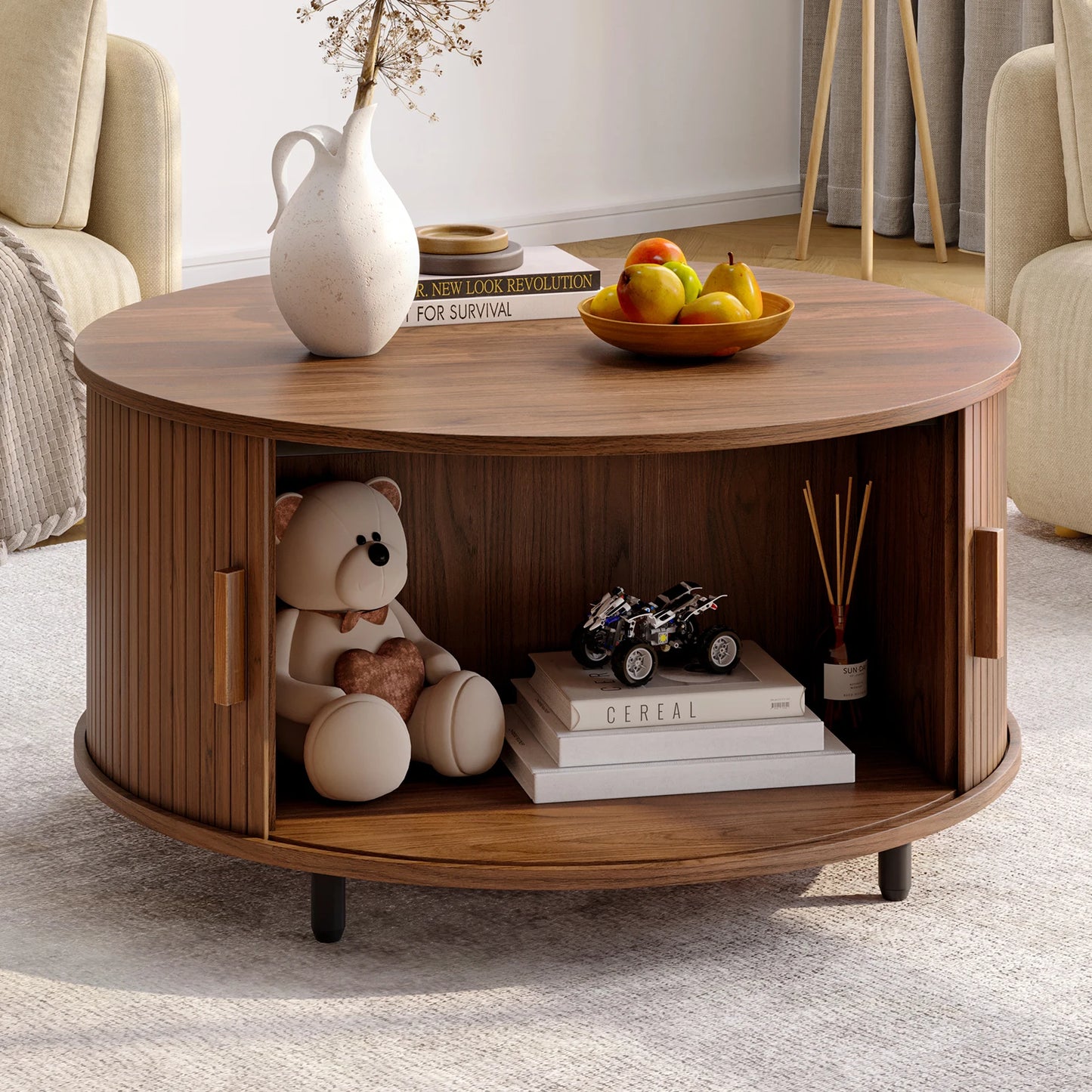 Round Coffee Table With Hidden Storage Sleek Modern Finish