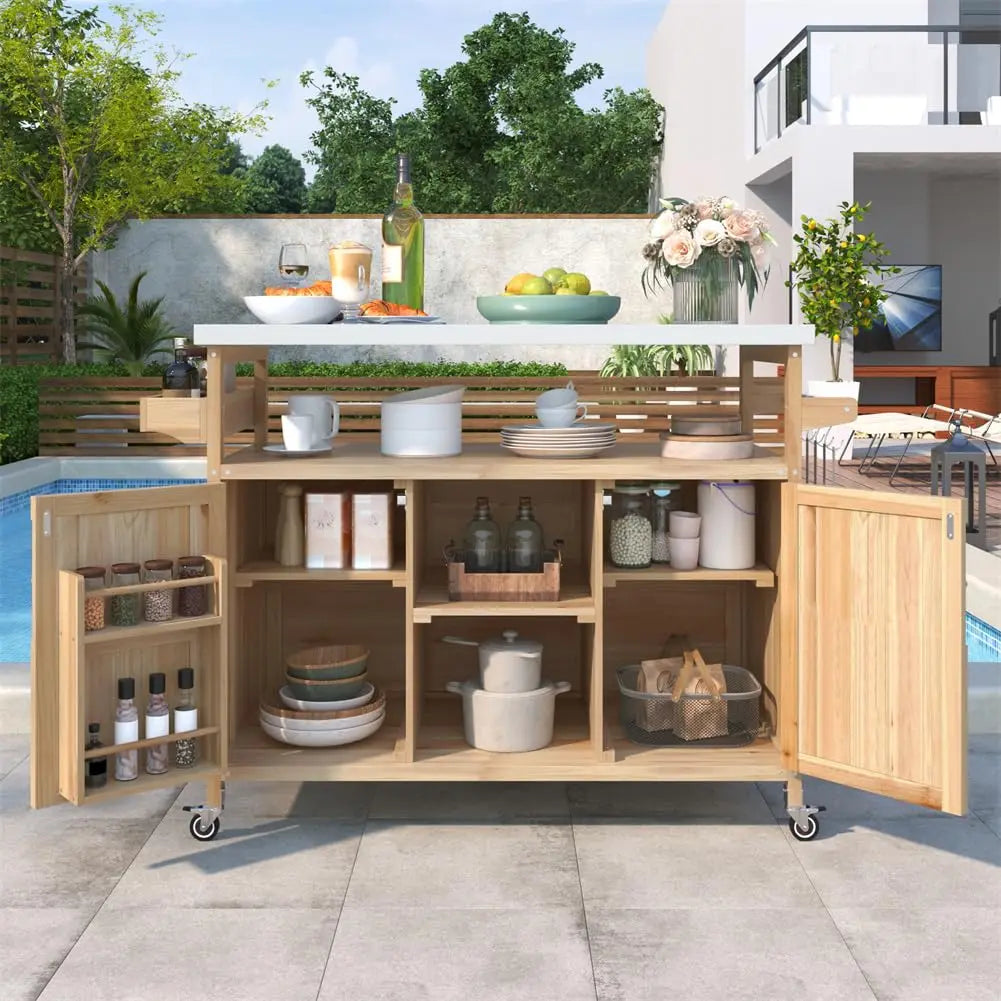 Outdoor Grill Table Stainless Steel Top Wood Kitchen Island Cabinet