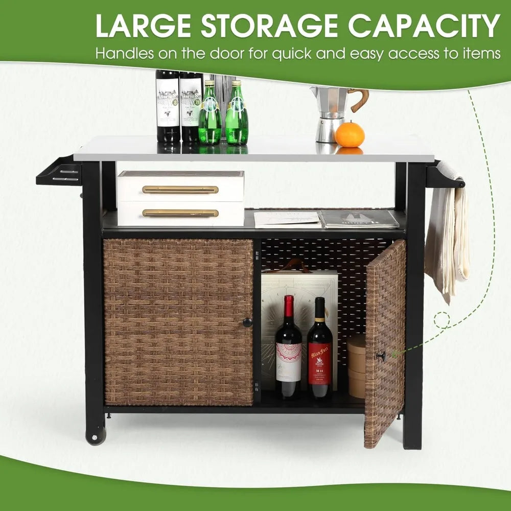 Outdoor Bar Cart Weatherproof With Hooks And Wheels