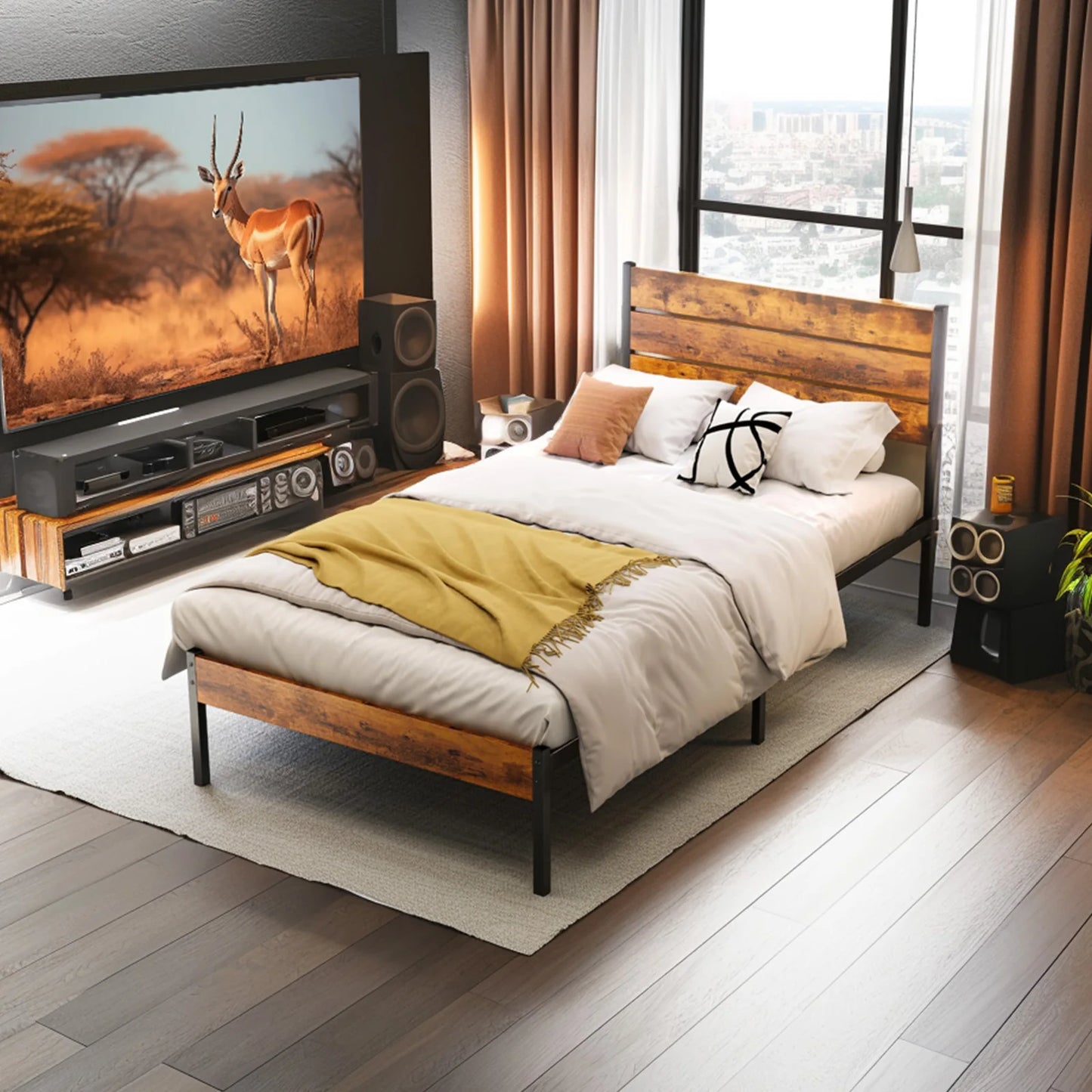 JHK Metal Platform Bed Frame With Headboard, 800LBS Capacity