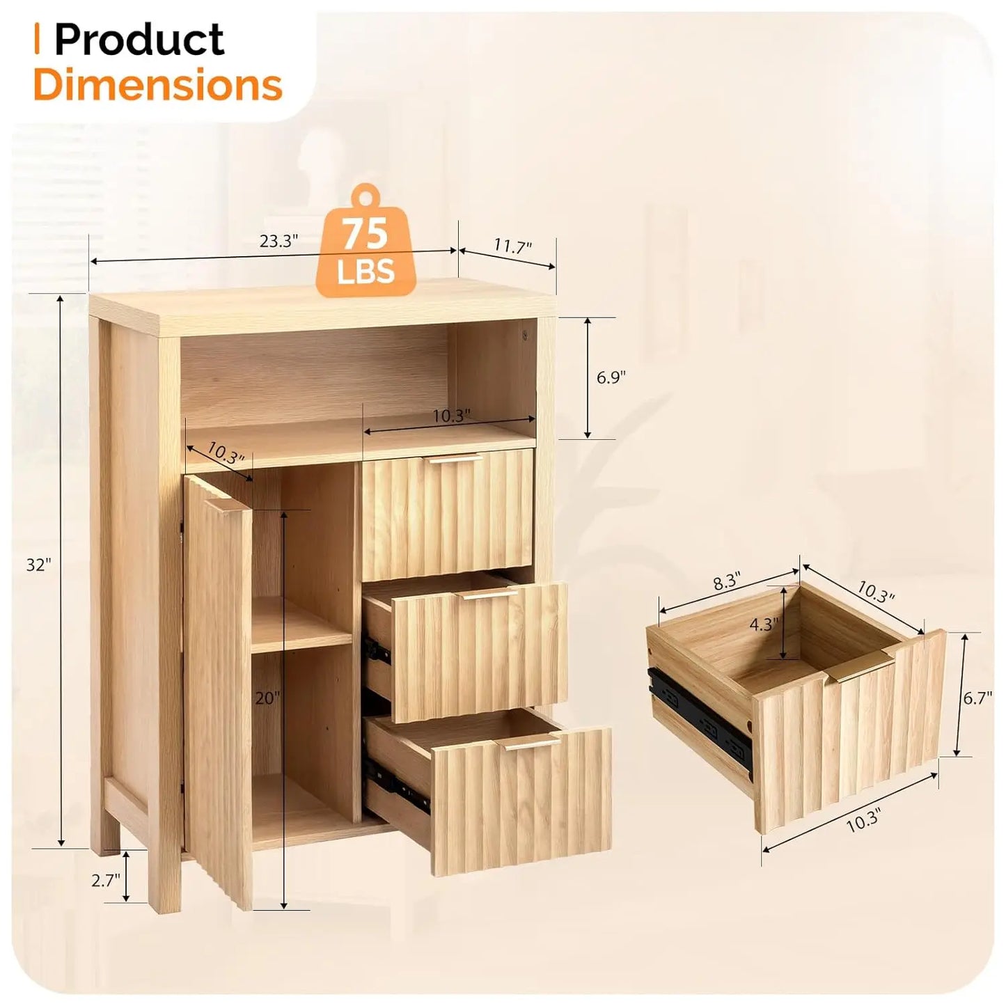 Bathroom Storage Cabinet With Fluted Doors And Drawers Engineered Wood