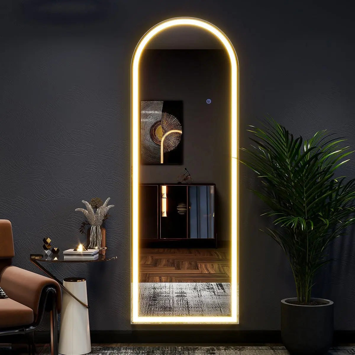 Koonmi Arched Full Length Mirror With LED Lights And Stand