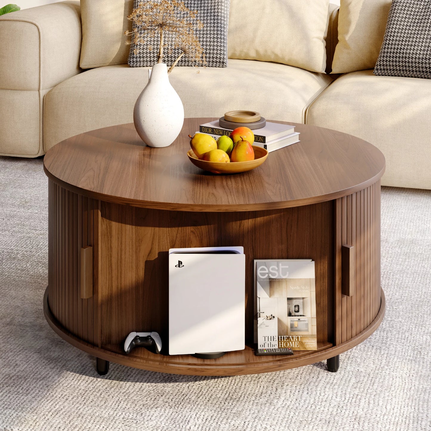 Round Coffee Table With Hidden Storage Sleek Modern Finish