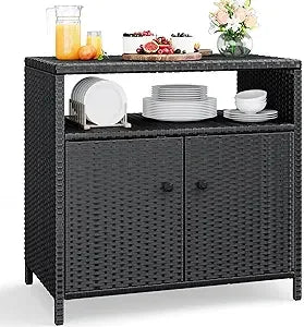 Outdoor Kitchen Wicker Island Rolling Cart With Glass Top