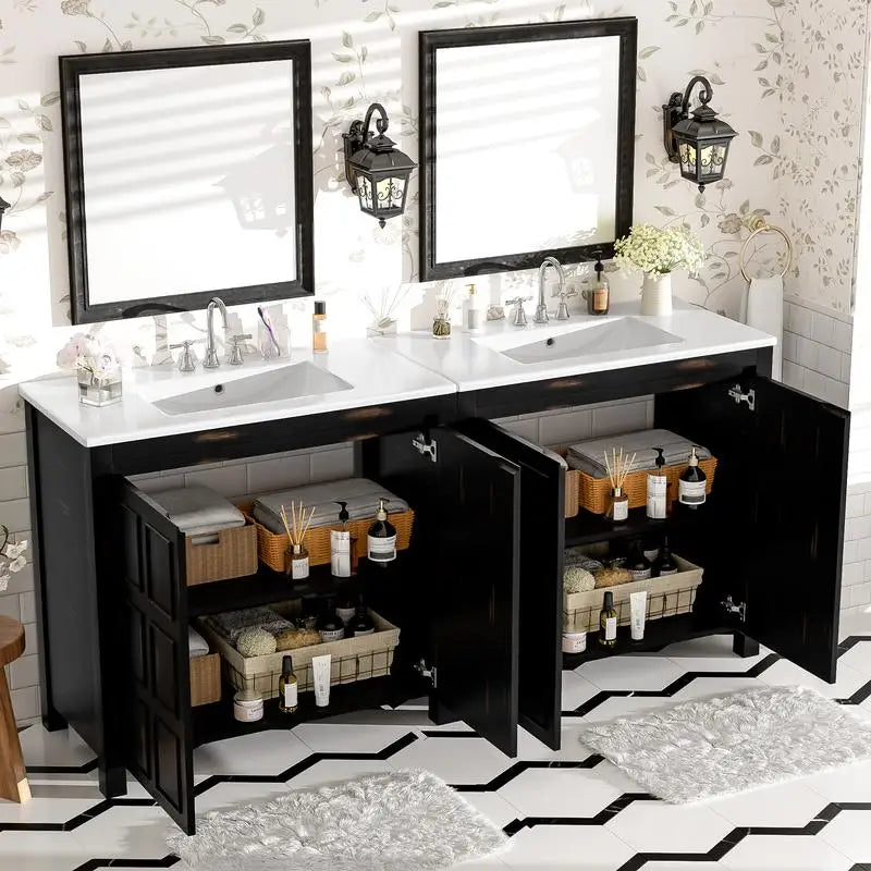 Bathroom Vanity Set With Double Ceramic Sinks And Soft-Close Doors