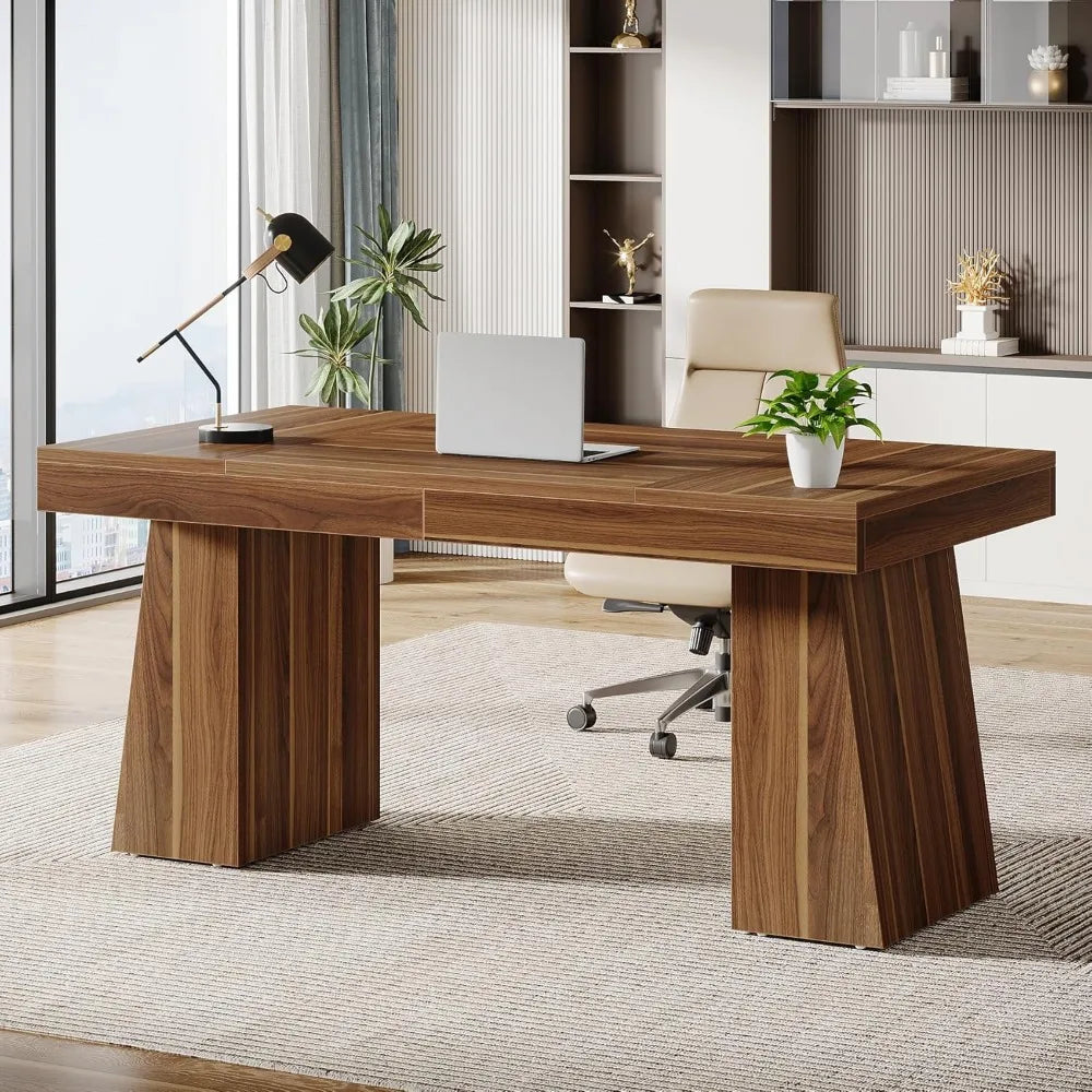 Desk Mid-Century Modern Executive Wood With Trapezoid Base