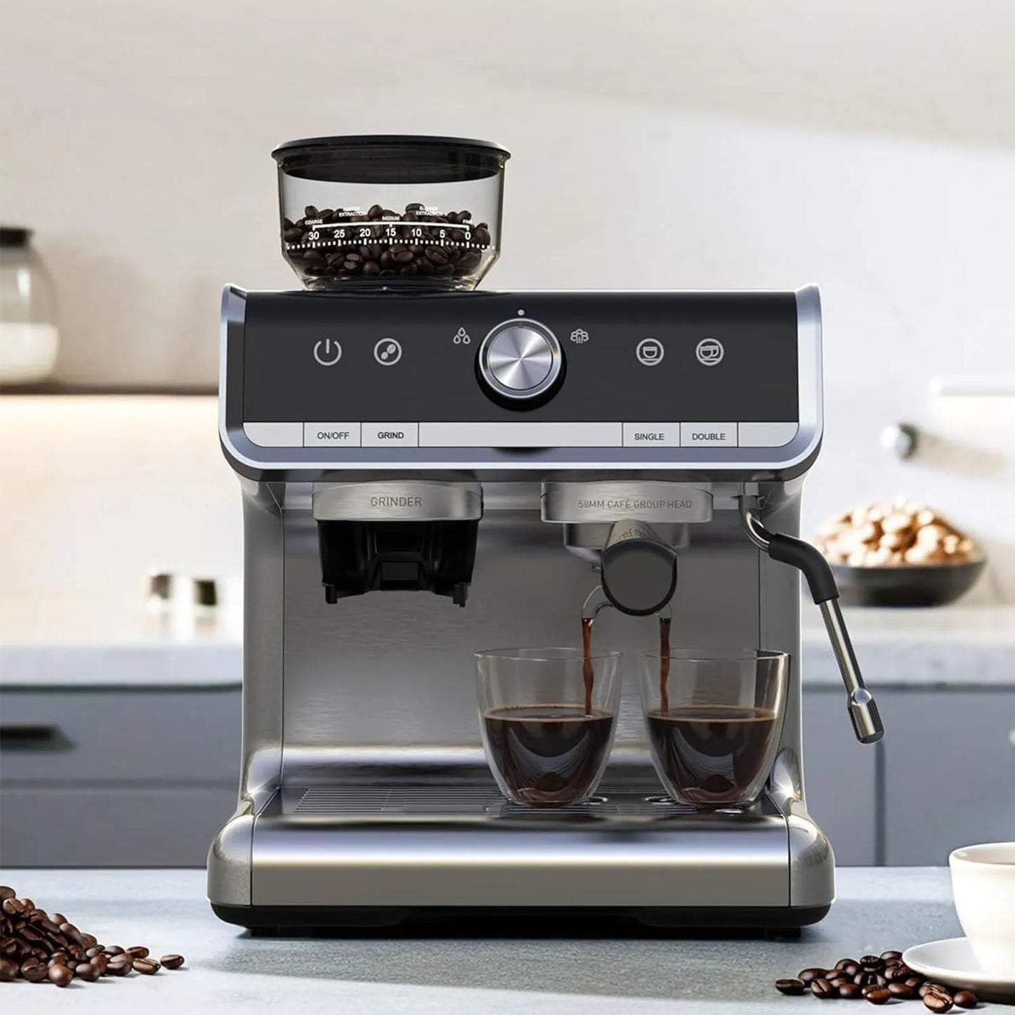 Acekool Espresso Machine With Grinder, 20 Bar Pressure