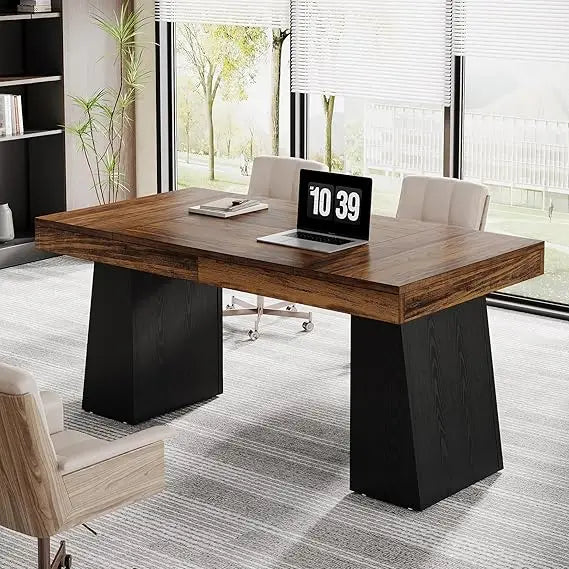 Desk Mid-Century Modern Executive Wood With Trapezoid Base