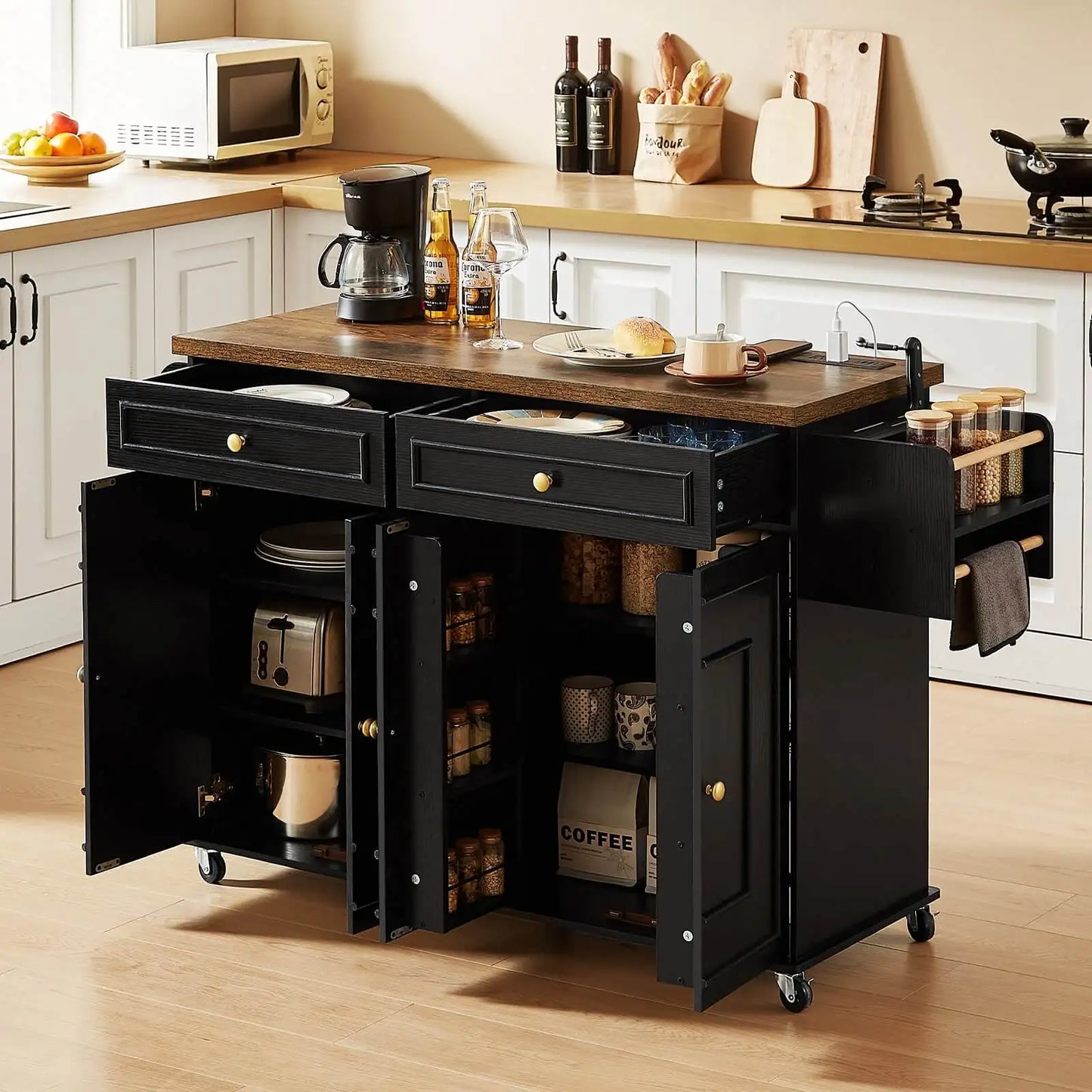 Mobile Kitchen Island With Power Outlet On Wheels Storage Cart