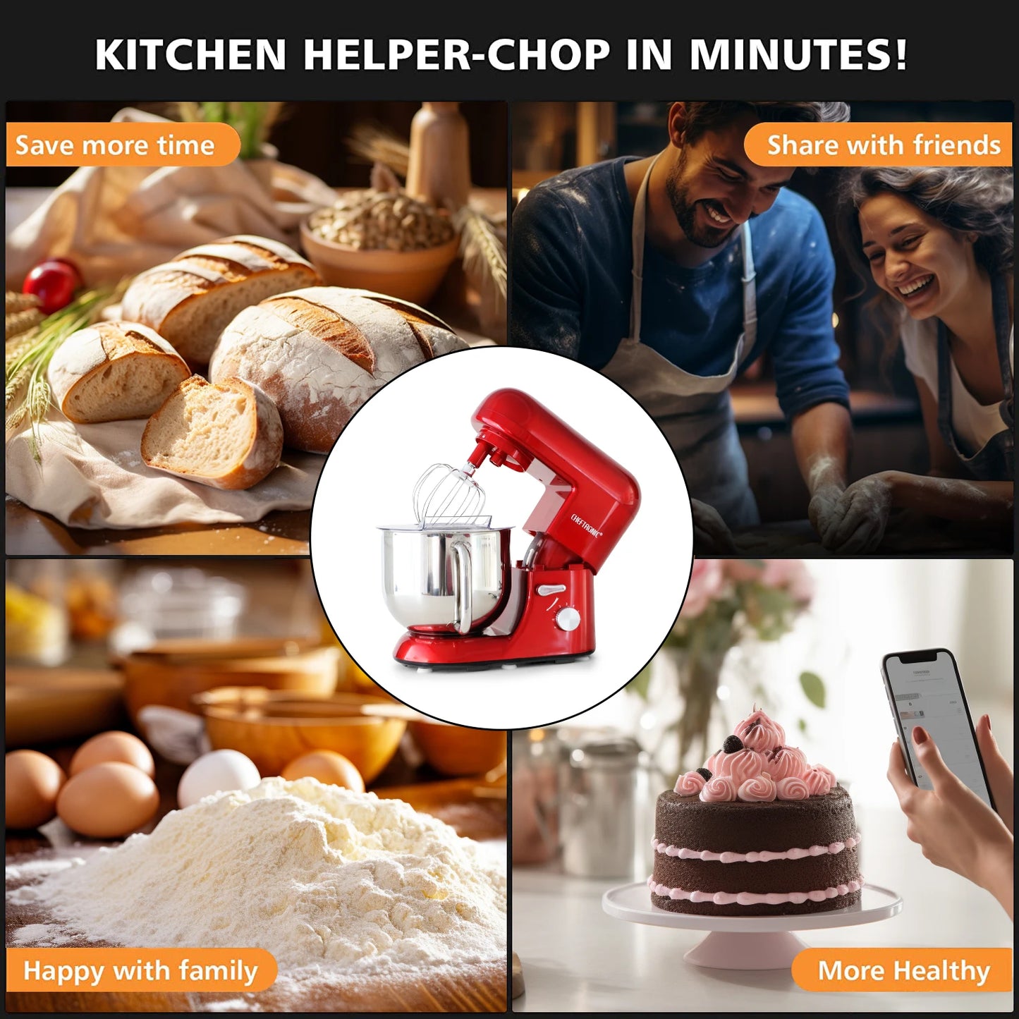 Cheftronic Stand Mixer 7 Qt Tilt-Head 650W 6-Speed US Plug