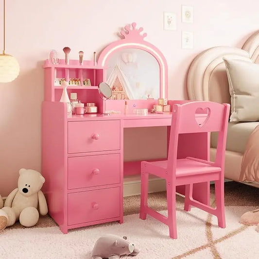 HiMISS Kids Vanity With Lights Desk Set For Girls Playroom