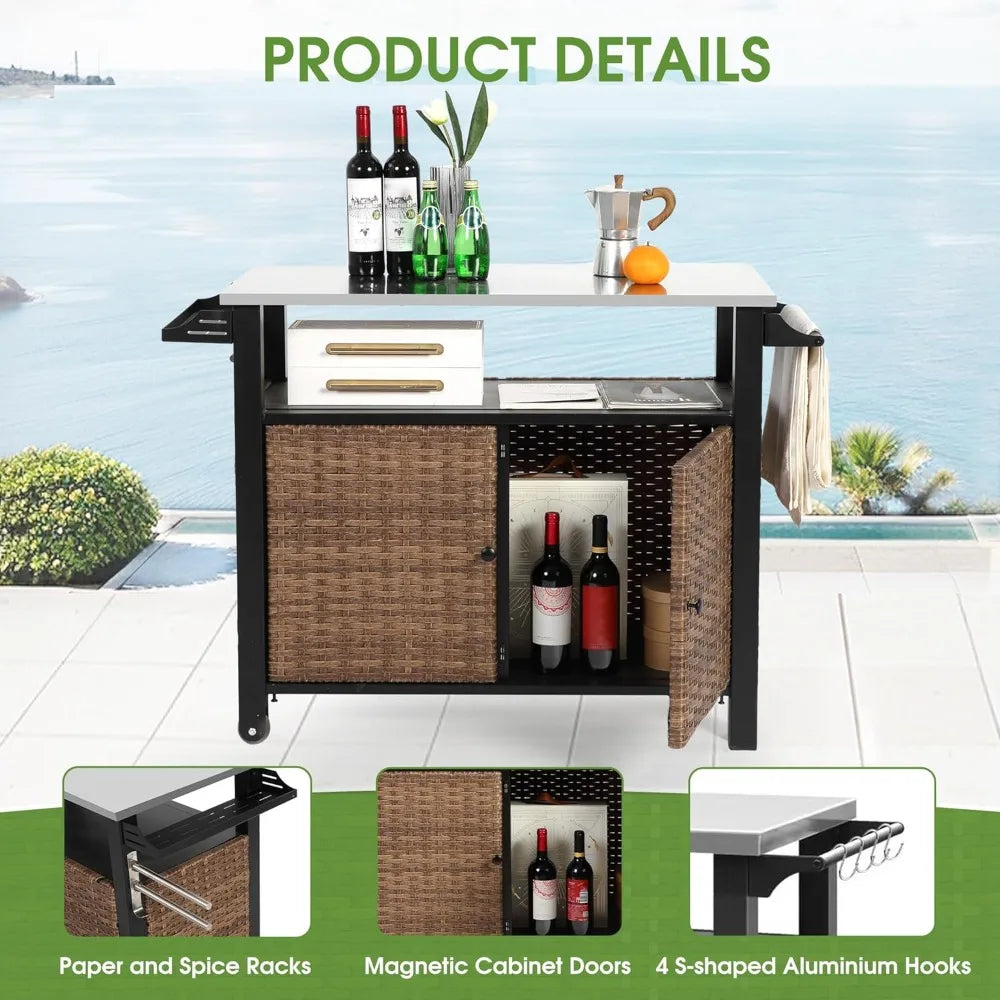 Outdoor Bar Cart Weatherproof With Hooks And Wheels