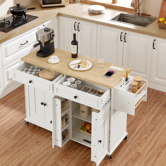 Mobile Kitchen Island With Power Outlet On Wheels Storage Cart