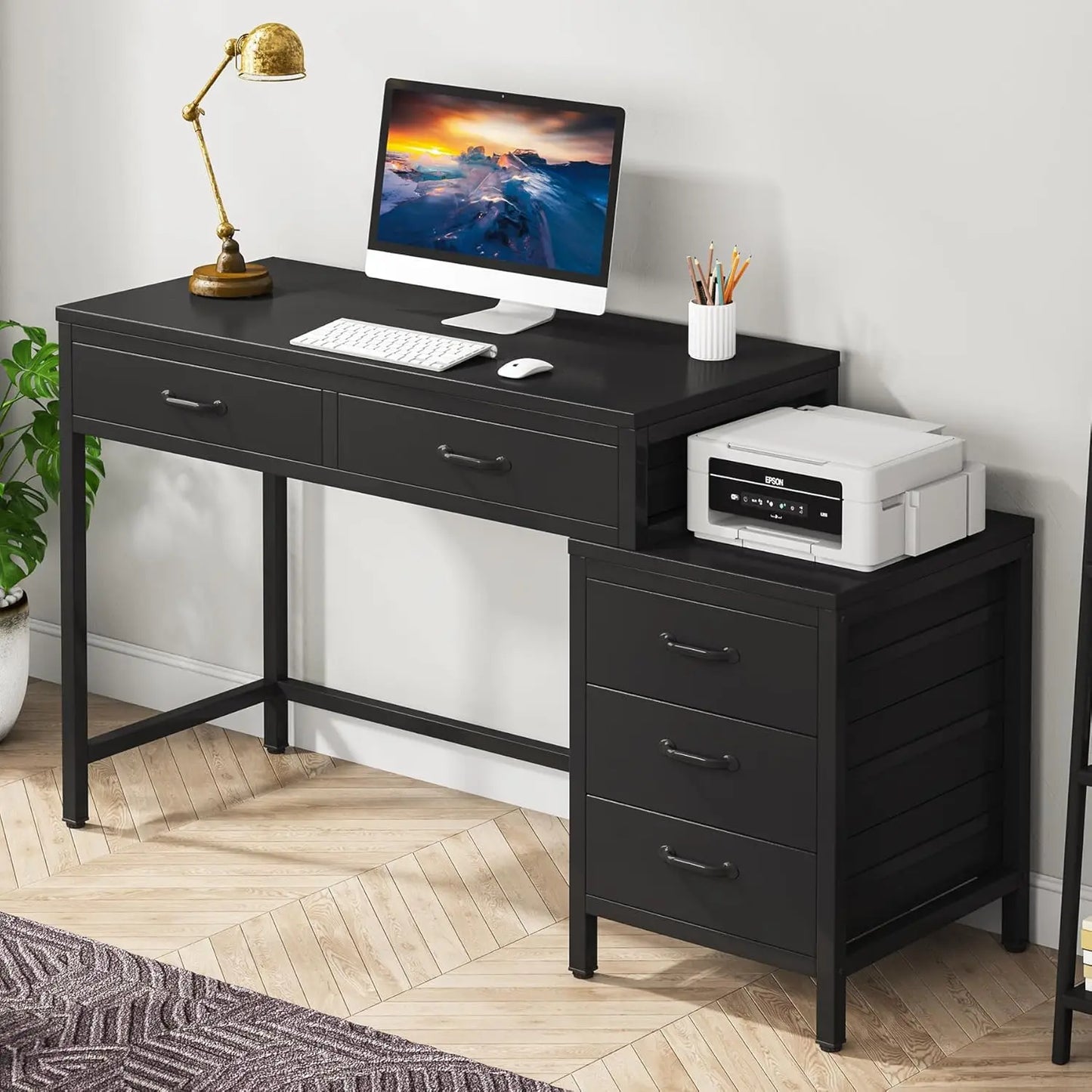 Computer Desk With 5 Drawers And Reversible Cabinet