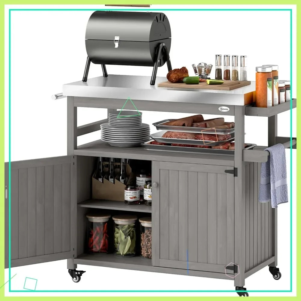 Outdoor Grill Cart With Stainless Steel Top And Storage