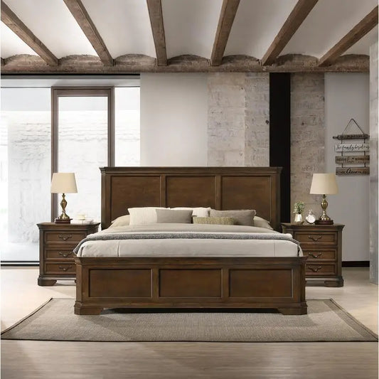 Bedroom Set Traditional 3-Piece Wood Panel Bed With Nightstands