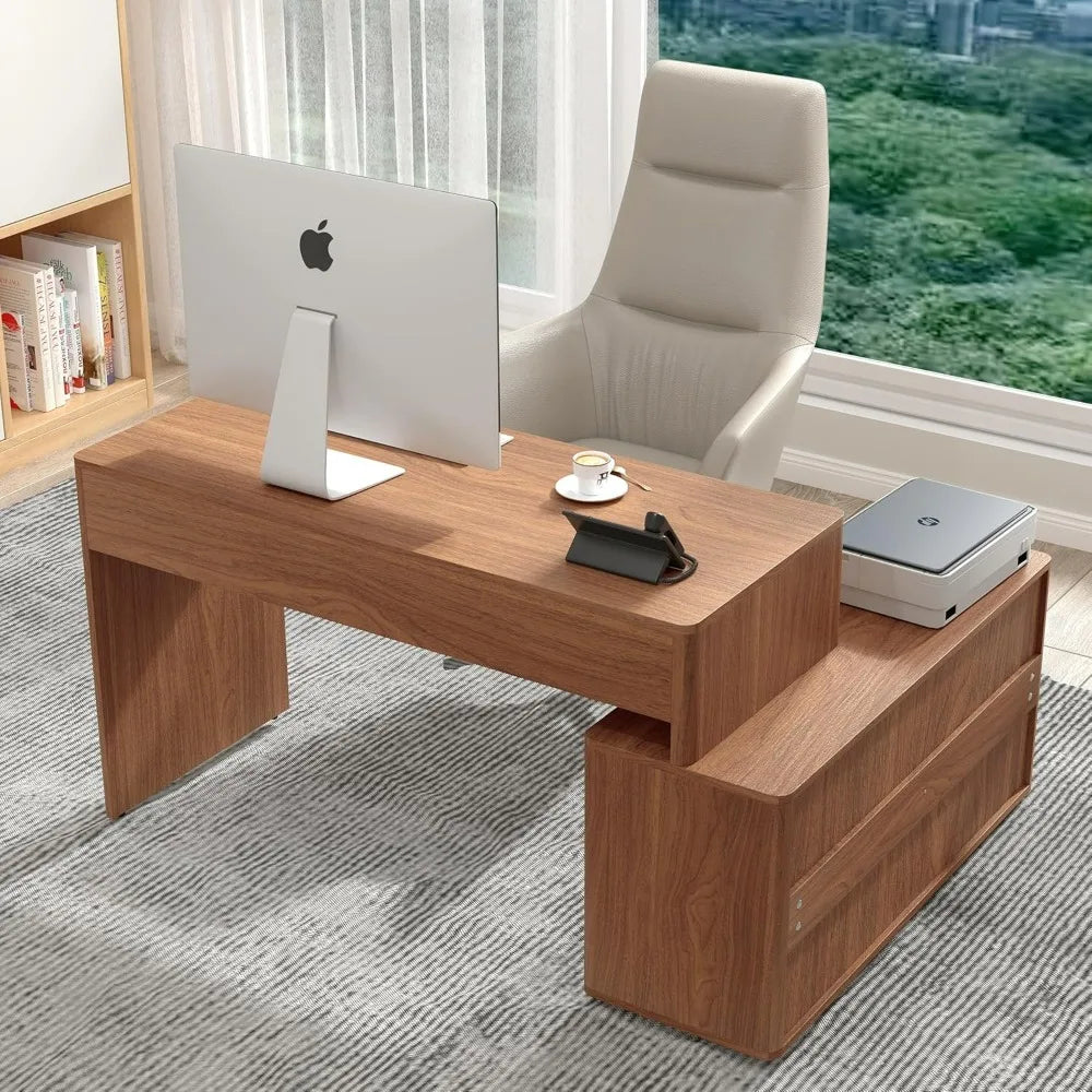 Desk Walnut L-Shaped Computer Desk With Drawers, Home Office